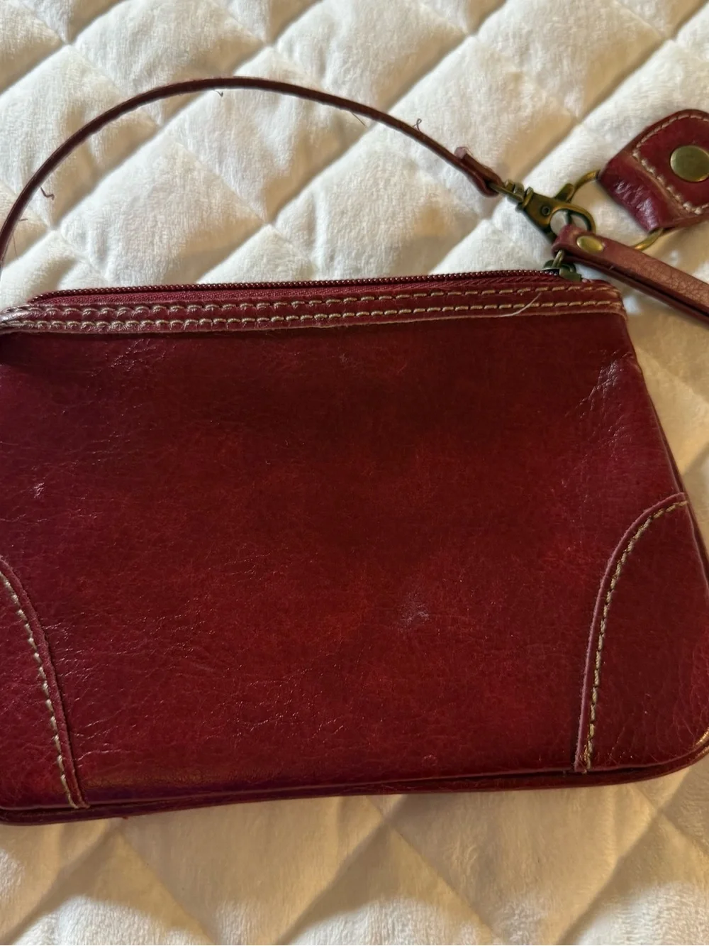 VTG Franklin Covey Red Leather Zip Top Wristlet Pouch Striped Lining